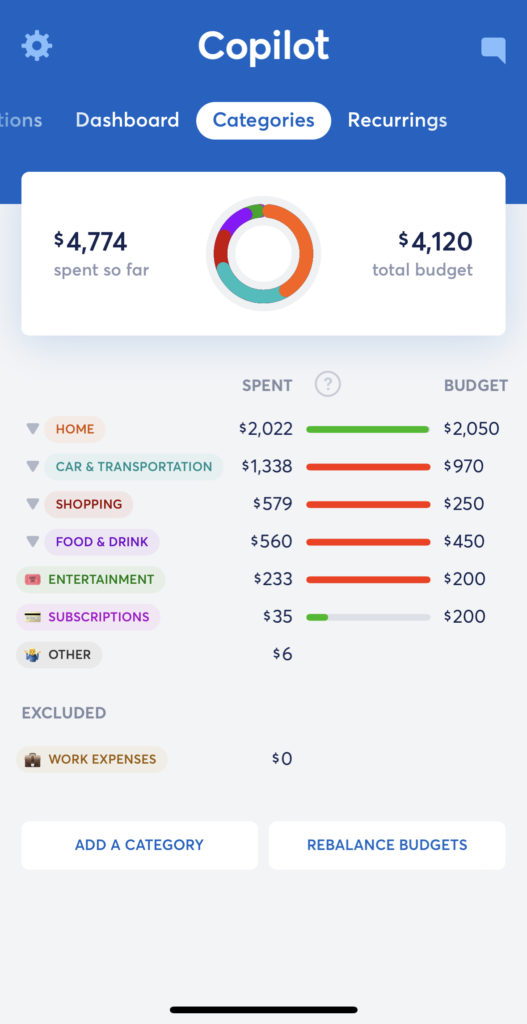 Copilot budgeting app categories