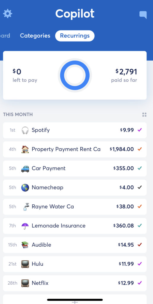 Copilot budgeting app recurrings