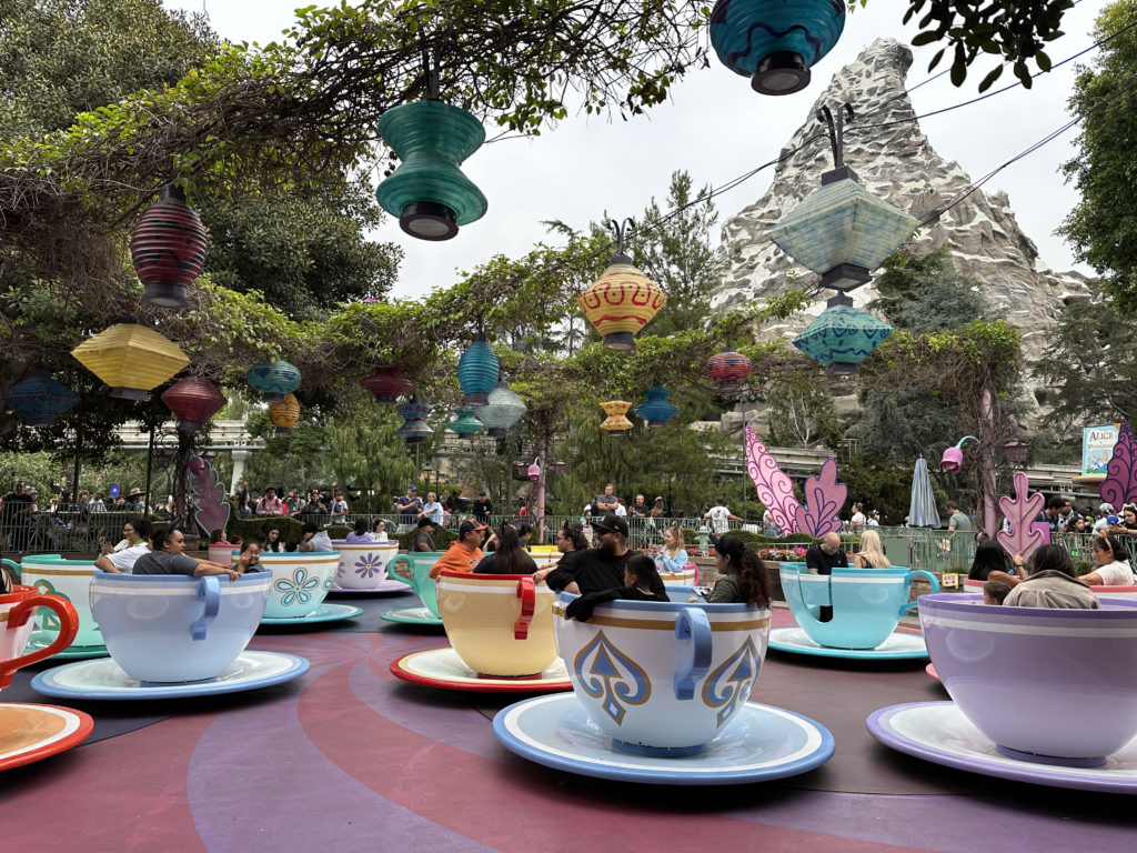 Mad Tea Party at Disneyland at the base of the Matterhorn. 