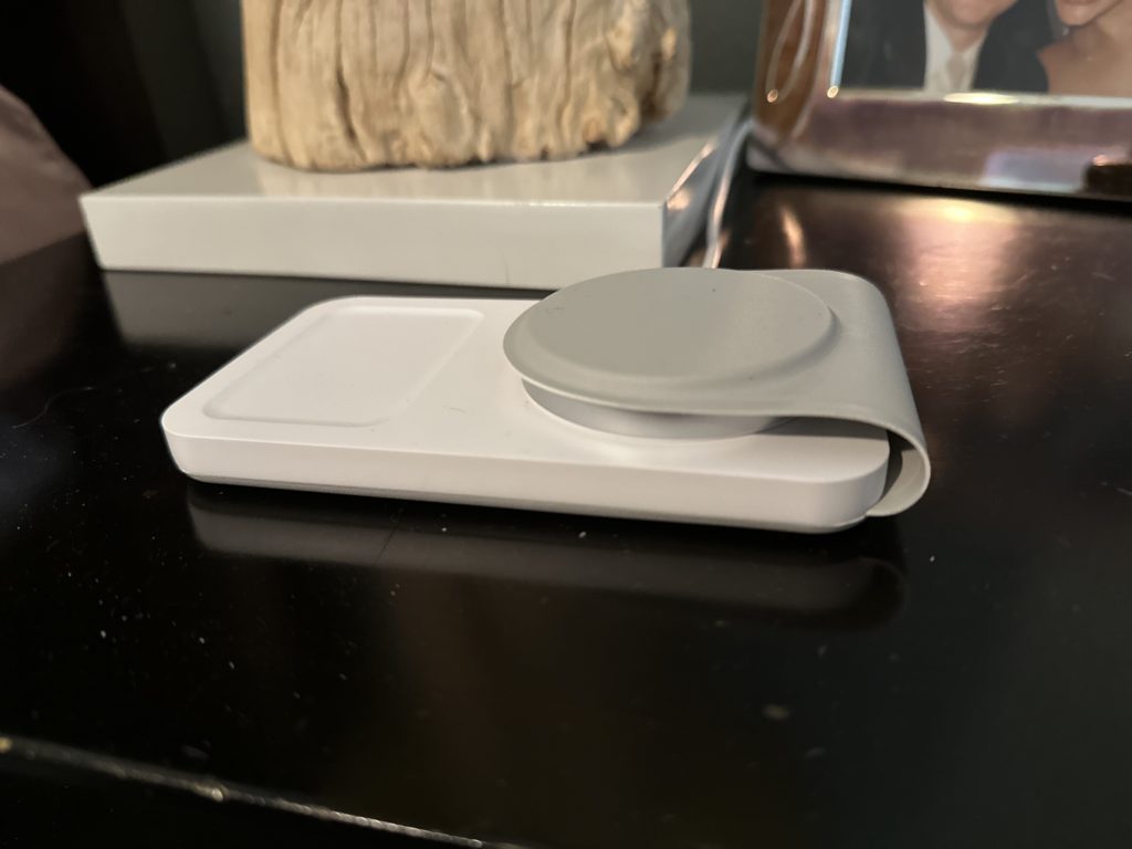 Journey charger SWIV 3-in-1 Foldable Wireless Charger sitting on counter displaying contents of box.