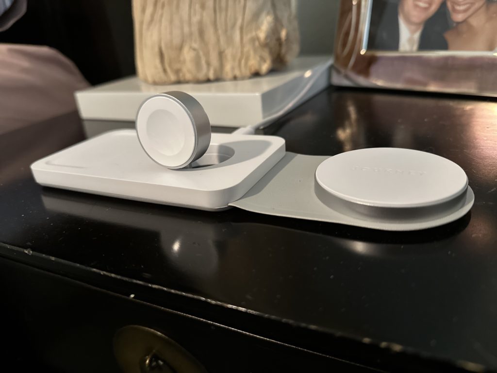 Journey charger SWIV 3-in-1 Foldable Wireless Charger sitting on counter displaying contents of box.